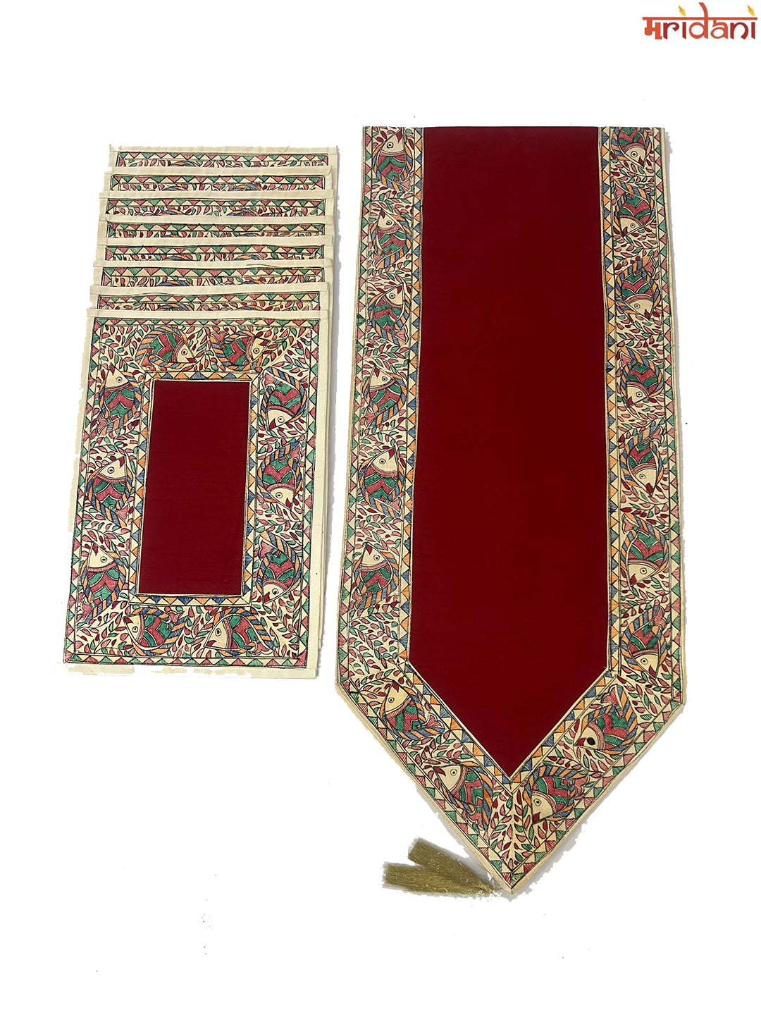 Hand-Painted Madhubani Table Mat Set –  Fish Border on Maroon